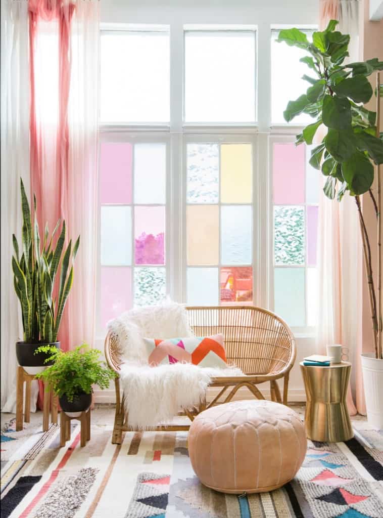 Gila DIY Window Film Happy Bright Pastel Emily Henderson Bamboo Seating Area 1